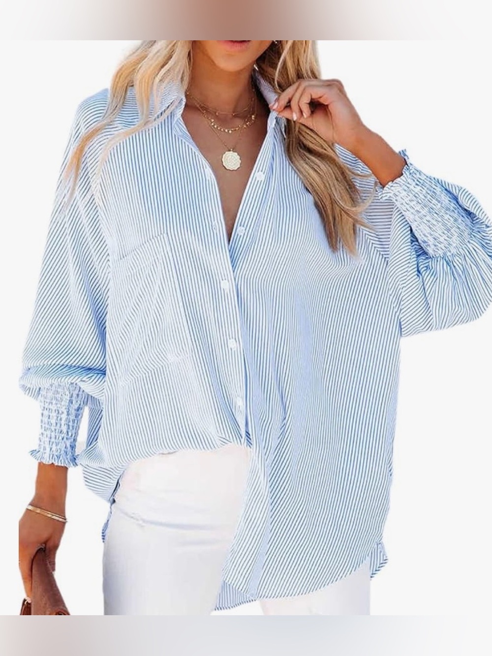White Button-Up Shirt with Navy Pinstripes